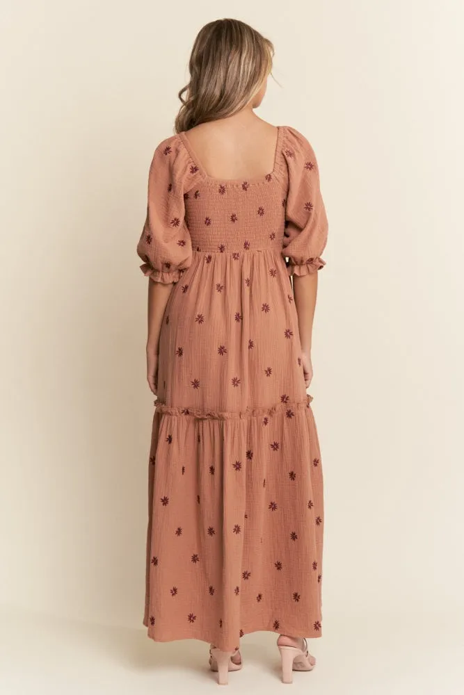 Rust Floral Smocked Puff Sleeve Maxi Dress sold by Pinkblush product image thumbnail 4
