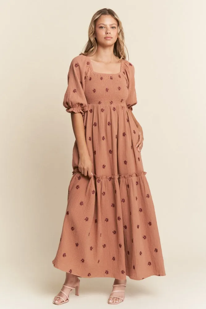 Rust Floral Smocked Puff Sleeve Maxi Dress sold by Pinkblush
