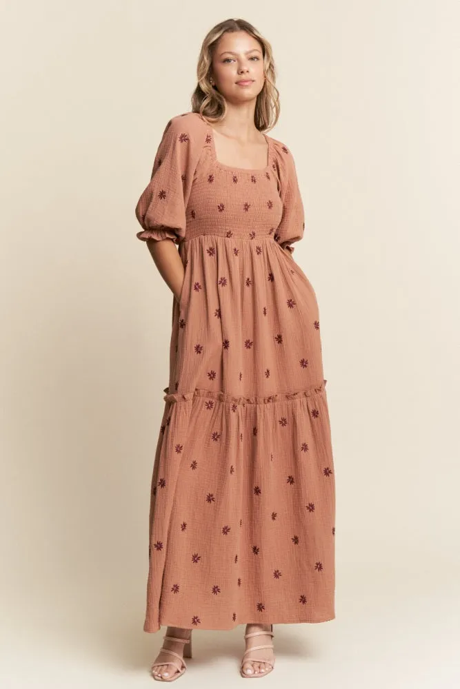Rust Floral Smocked Puff Sleeve Maxi Dress sold by Pinkblush product image thumbnail 2