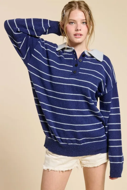 Navy Striped Knit Relaxed Fit Polo Sweater sold by Pinkblush