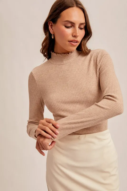 Mocha Lettuce Edge Mock Neck Long Sleeve Rib Top sold by Pinkblush
