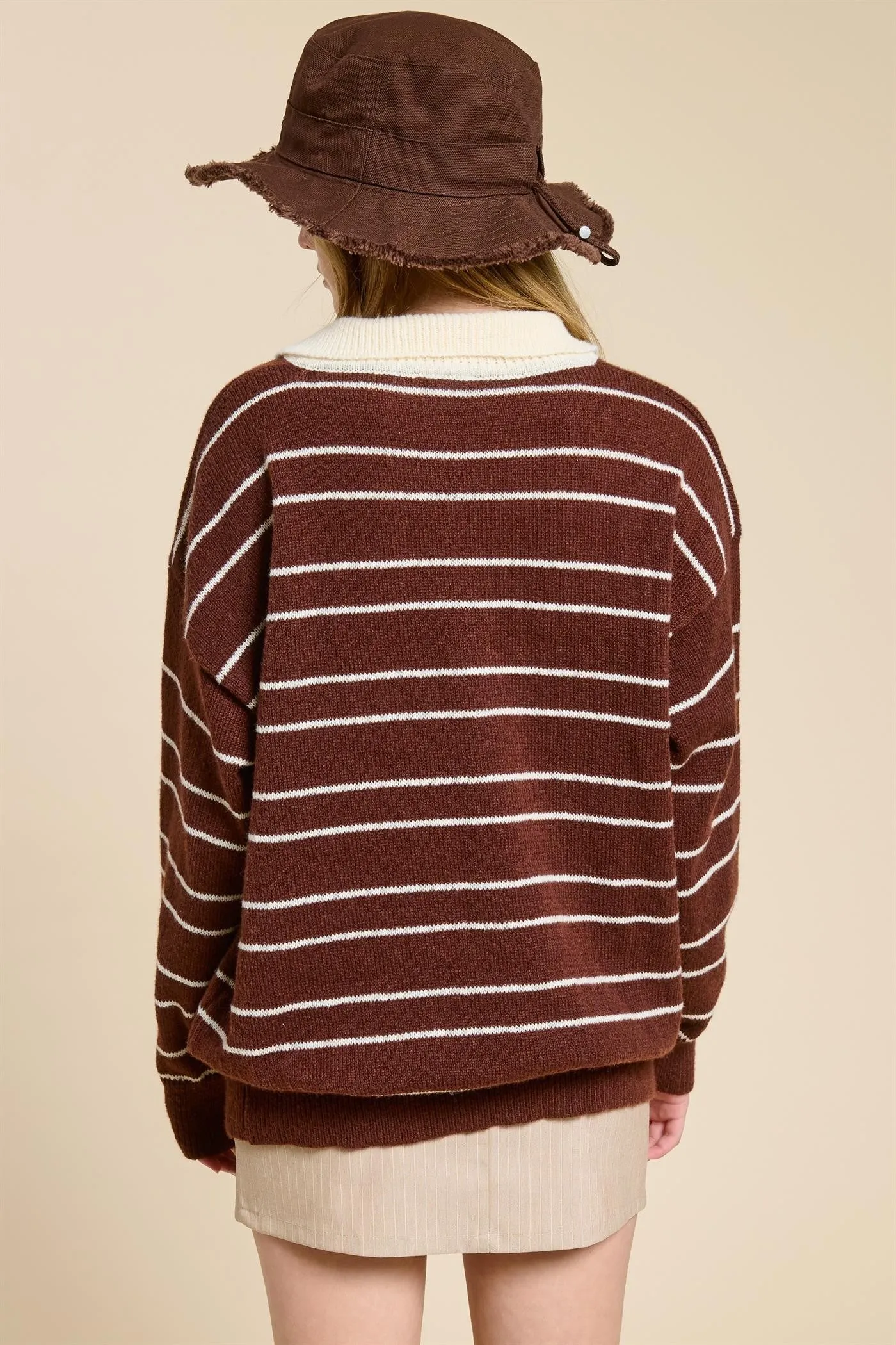 Brown Striped Knit Relaxed Fit Polo Sweater sold by Pinkblush product image thumbnail 3