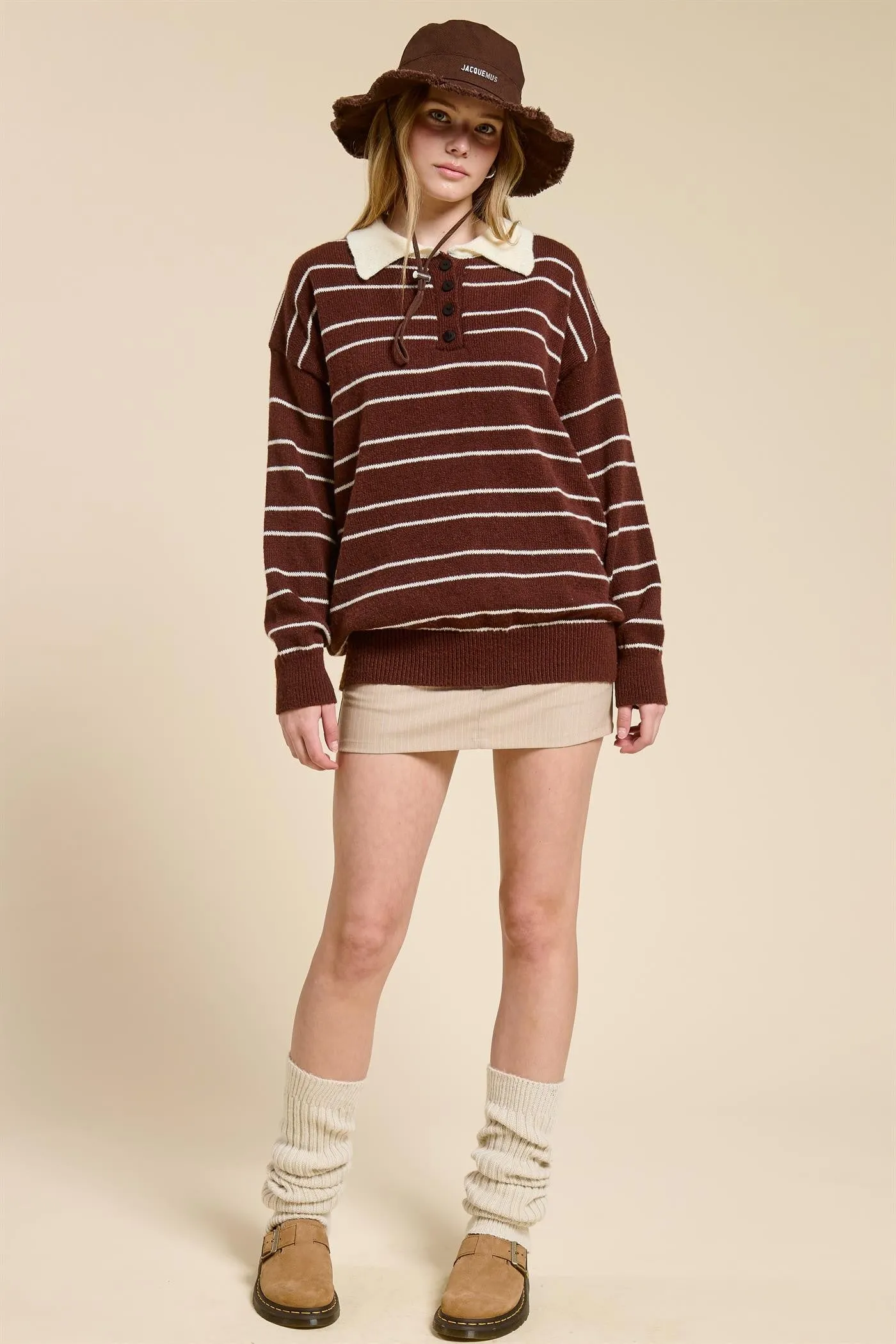 Brown Striped Knit Relaxed Fit Polo Sweater sold by Pinkblush product image thumbnail 4