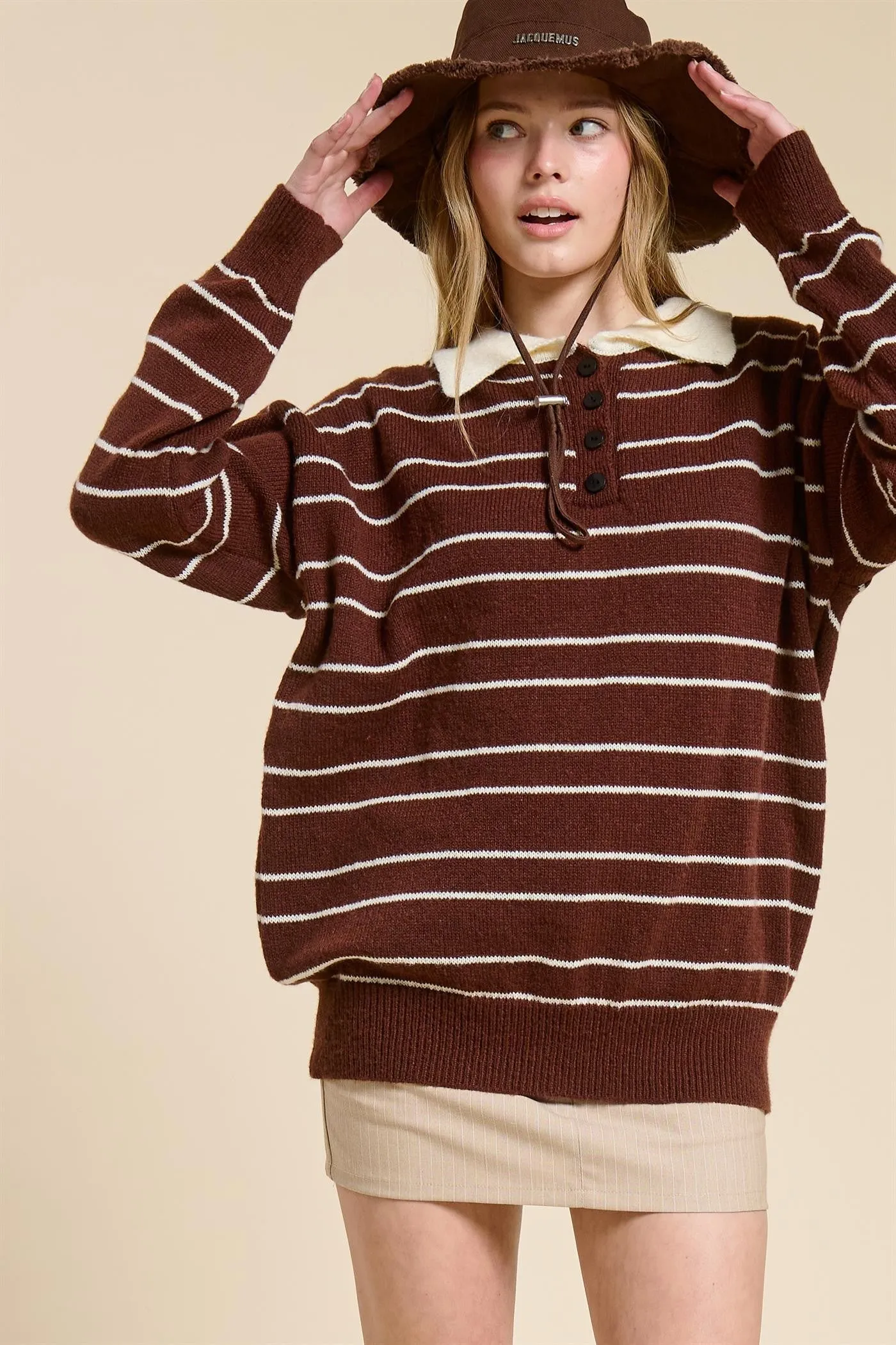 Brown Striped Knit Relaxed Fit Polo Sweater sold by Pinkblush