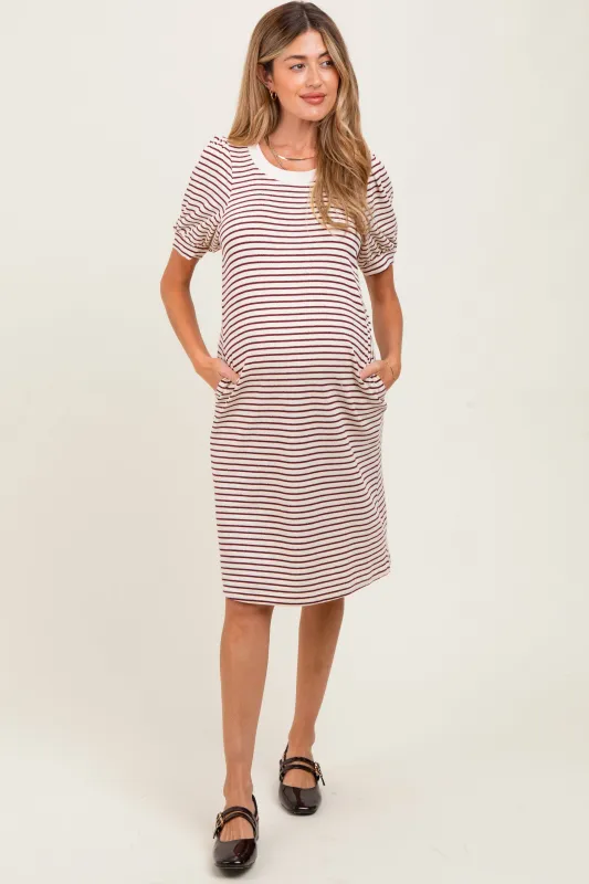 Burgundy Striped Puff Sleeve Maternity Midi T-Shirt Dress sold by Pinkblush
