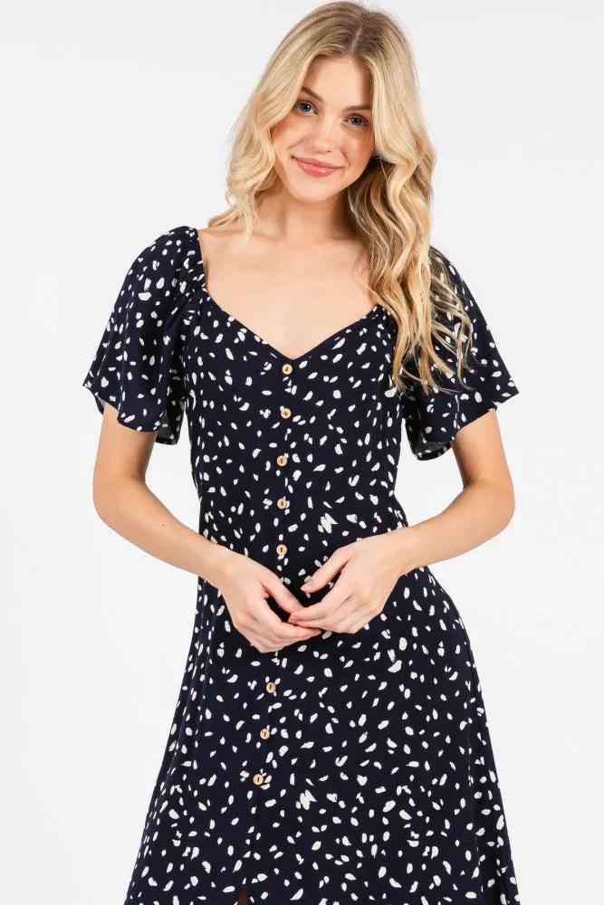 Navy Printed Button Accent Flutter Sleeve Midi Dress sold by Pinkblush product image thumbnail 5