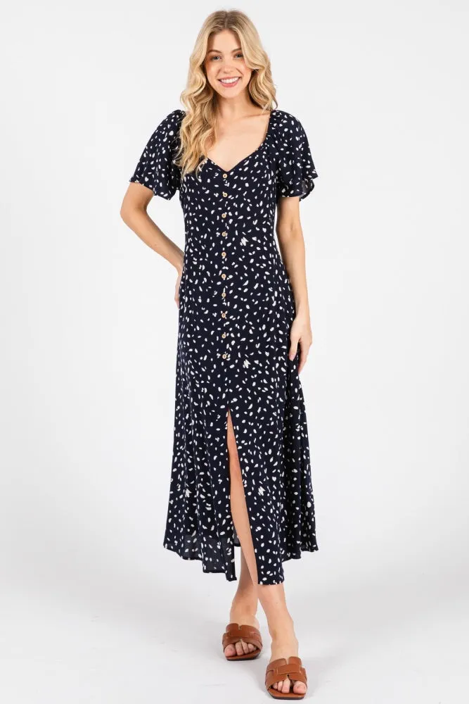 Navy Printed Button Accent Flutter Sleeve Midi Dress sold by Pinkblush product image thumbnail 2