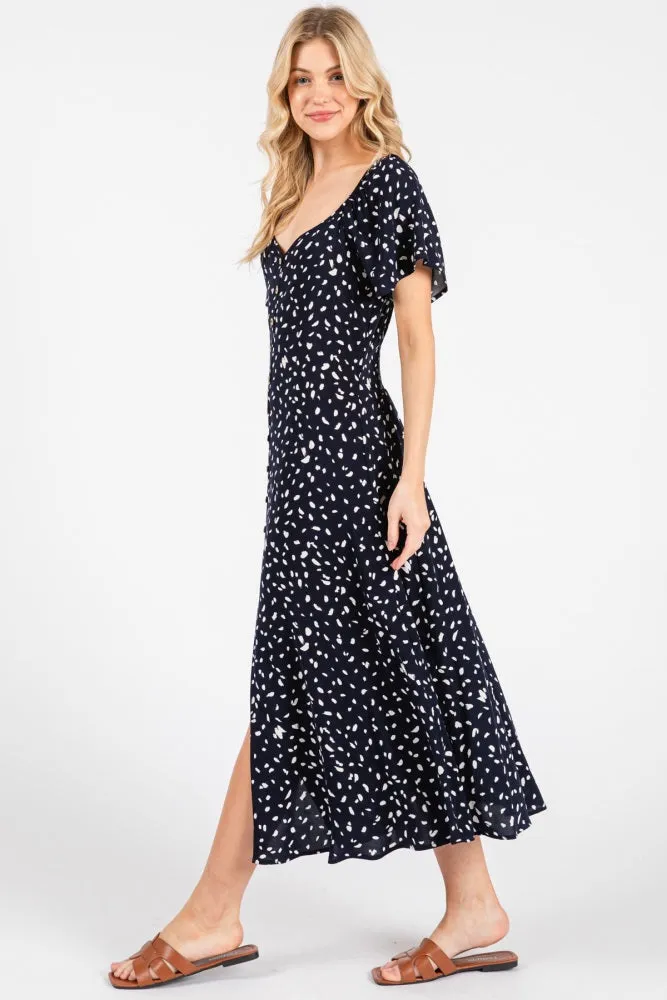 Navy Printed Button Accent Flutter Sleeve Midi Dress sold by Pinkblush product image thumbnail 3