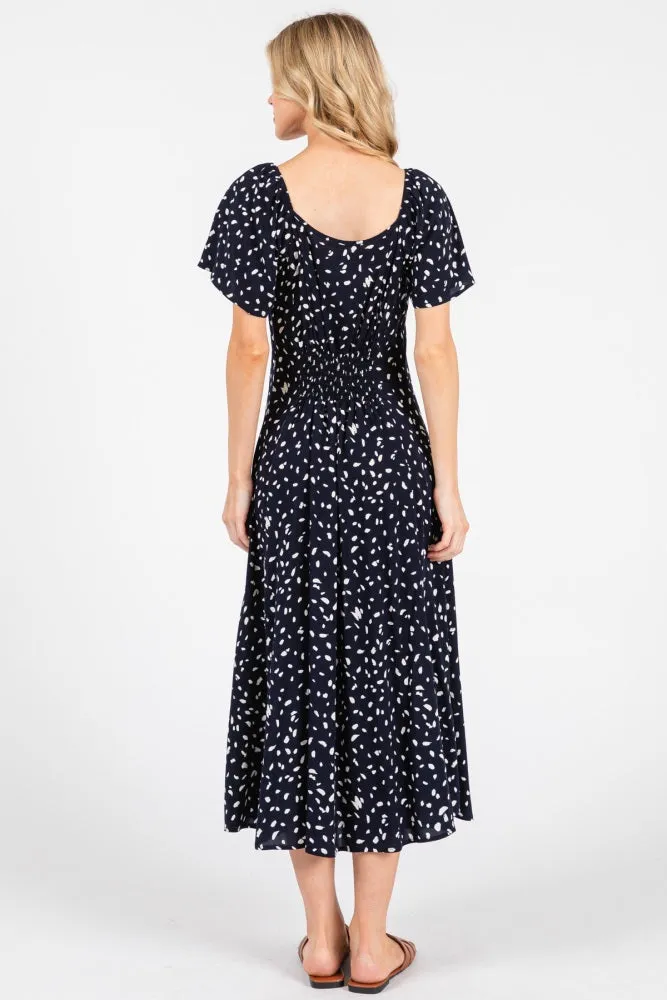 Navy Printed Button Accent Flutter Sleeve Midi Dress sold by Pinkblush product image thumbnail 4