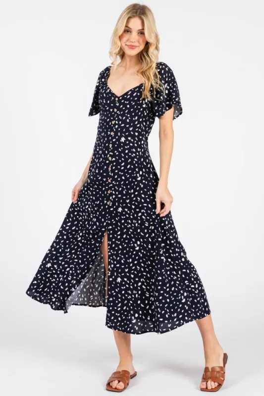 Navy Printed Button Accent Flutter Sleeve Midi Dress sold by Pinkblush