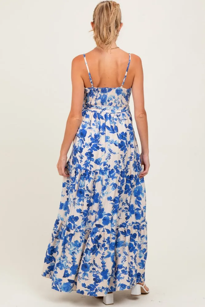 Blue Floral Tiered Sleeveless Sash Tie Maternity Maxi Dress sold by Pinkblush product image thumbnail 4