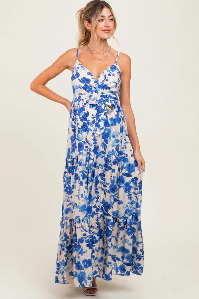 Blue Floral Tiered Sleeveless Sash Tie Maternity Maxi Dress sold by Pinkblush product image thumbnail 2