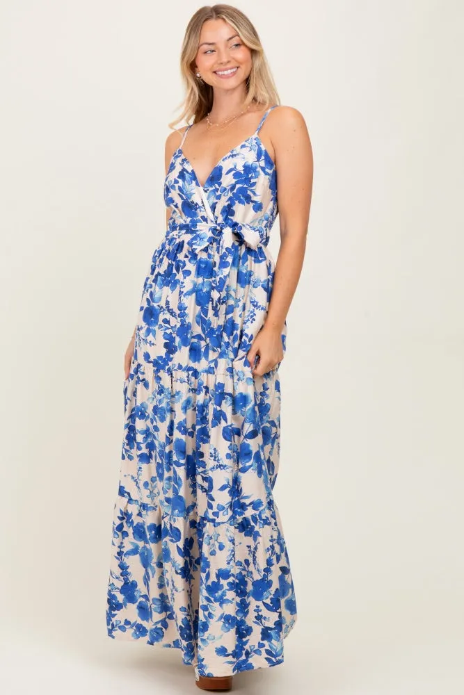 Blue Floral Tiered Sleeveless Sash Tie Maternity Maxi Dress sold by Pinkblush product image thumbnail 5