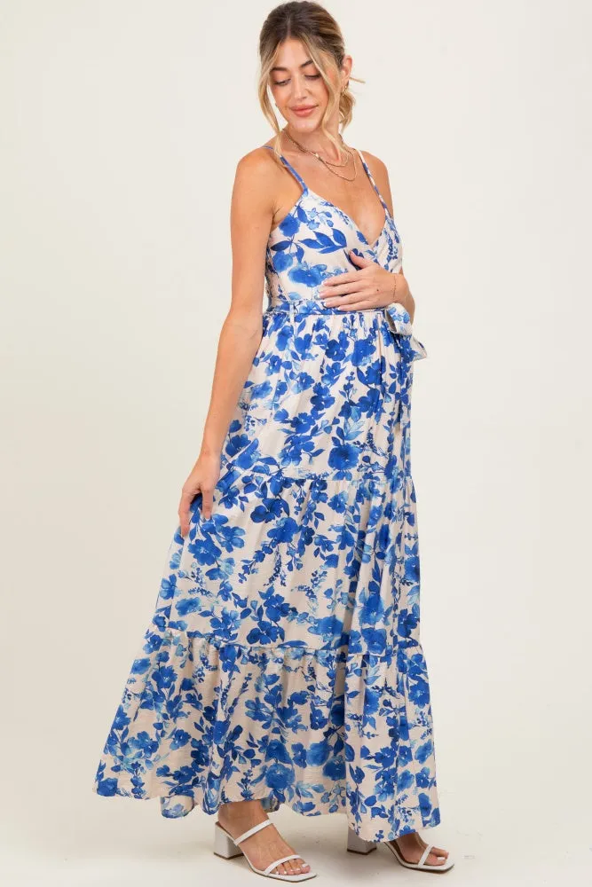 Blue Floral Tiered Sleeveless Sash Tie Maternity Maxi Dress sold by Pinkblush product image thumbnail 3