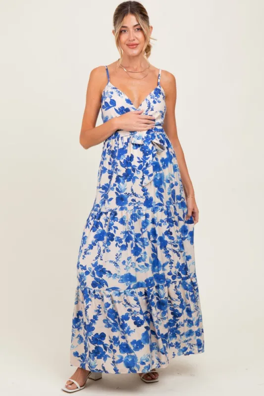 Blue Floral Tiered Sleeveless Sash Tie Maternity Maxi Dress sold by Pinkblush