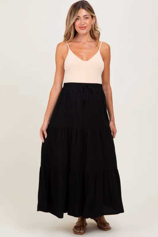 Black Drawstring Tiered Maternity Maxi Skirt sold by Pinkblush