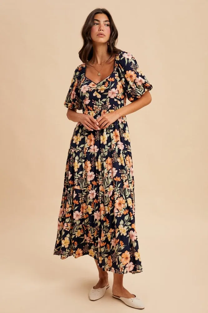 Navy Floral Tiered Puff Sleeve Maxi Dress sold by Pinkblush product image thumbnail 3