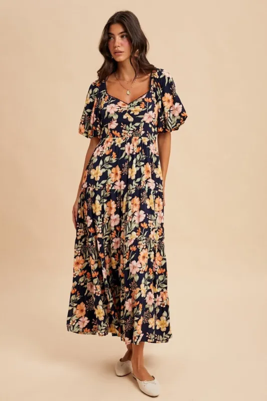 Navy Floral Tiered Puff Sleeve Maxi Dress sold by Pinkblush