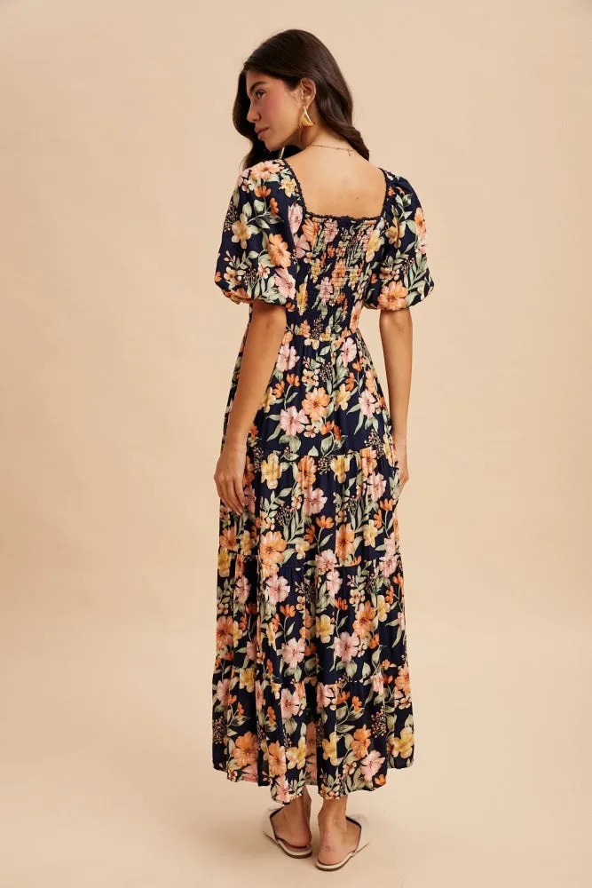 Navy Floral Tiered Puff Sleeve Maxi Dress sold by Pinkblush product image thumbnail 5