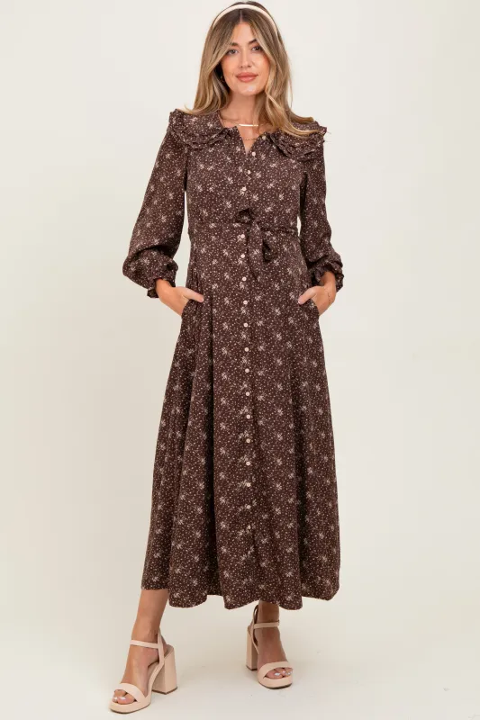 Brown Statement Collar Button Down Maternity Maxi Dress sold by Pinkblush