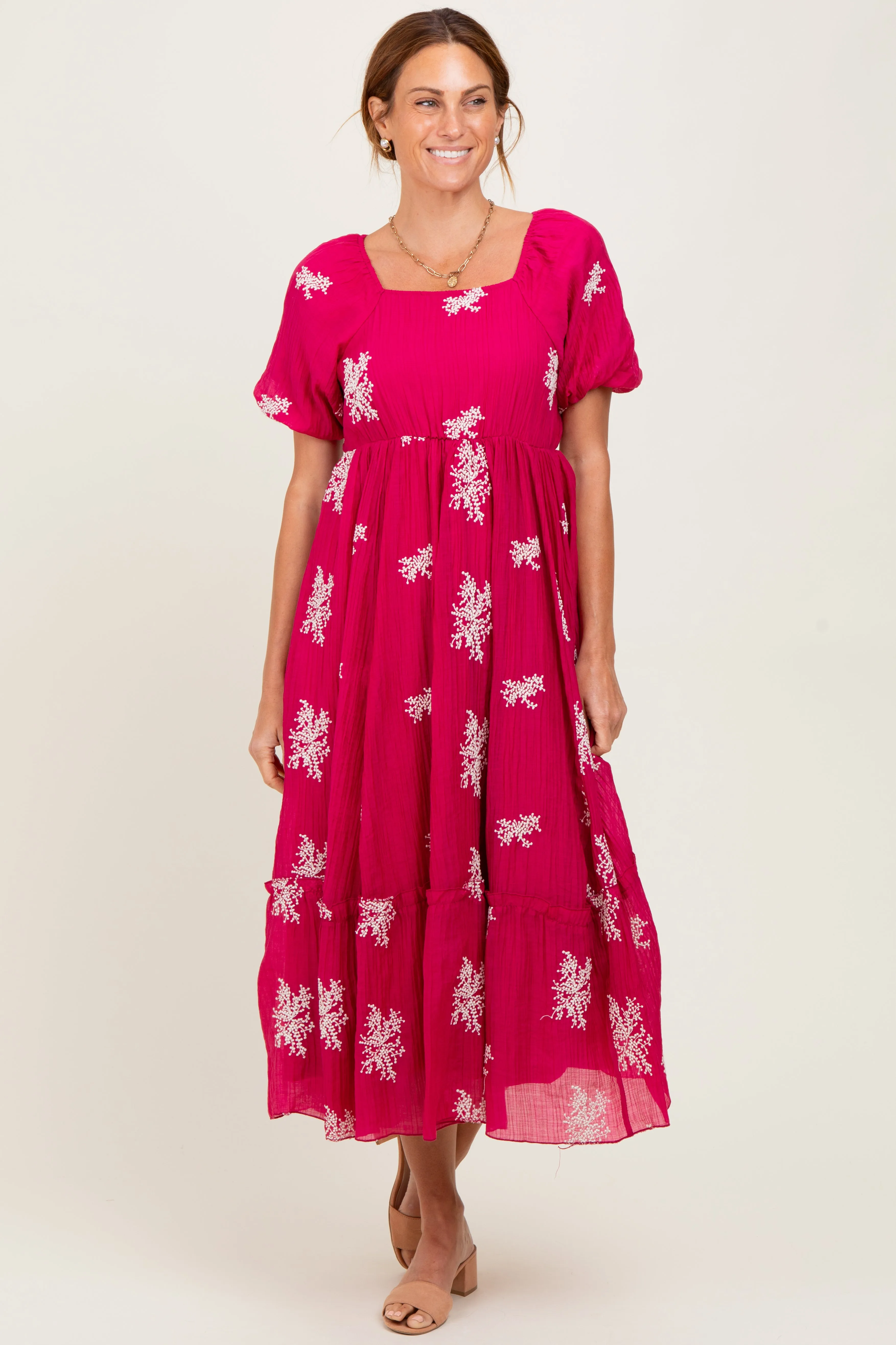 Magenta Floral Print Ruffle Hem Maternity Midi Dress sold by Pinkblush product image thumbnail 5