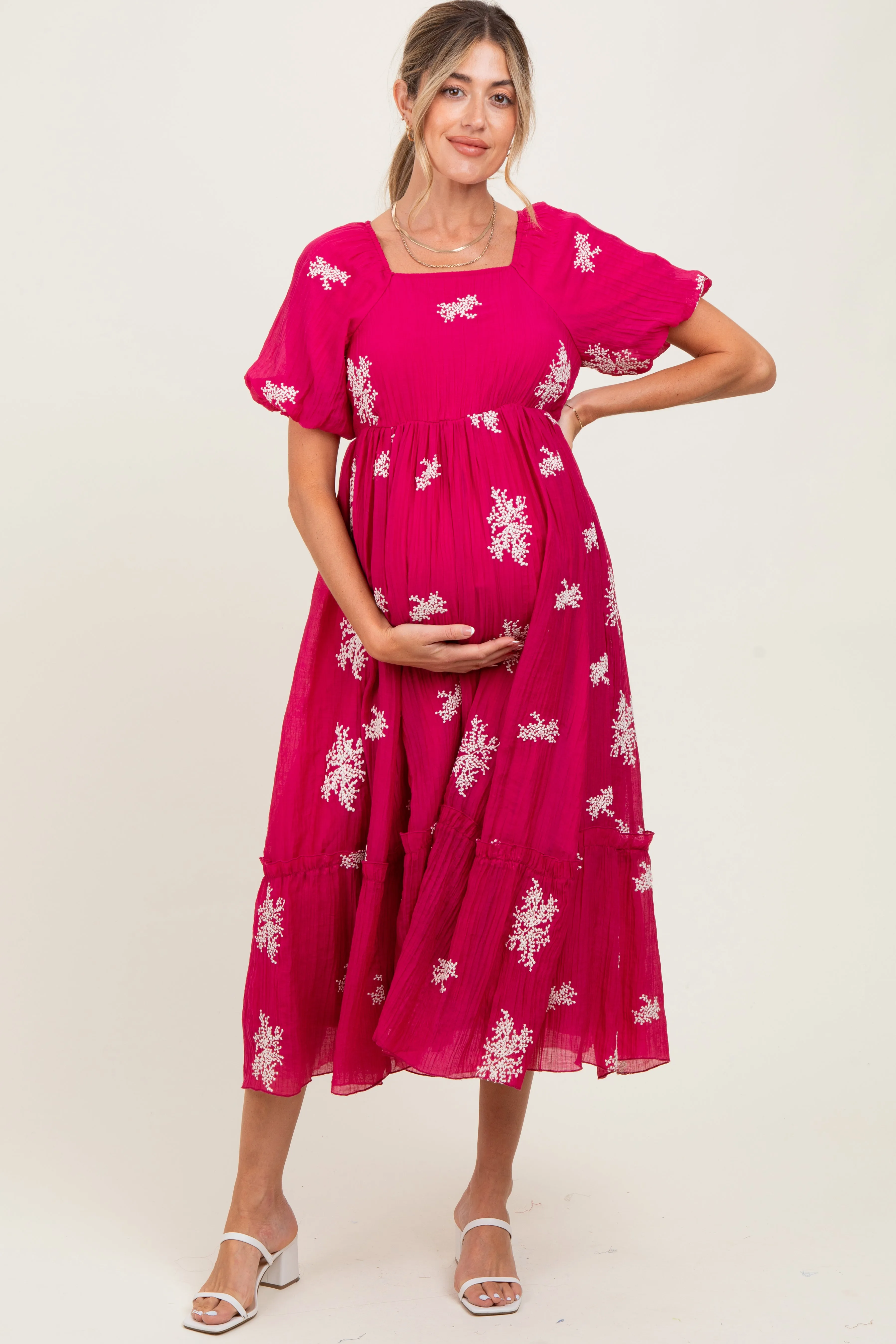Magenta Floral Print Ruffle Hem Maternity Midi Dress sold by Pinkblush product image thumbnail 2