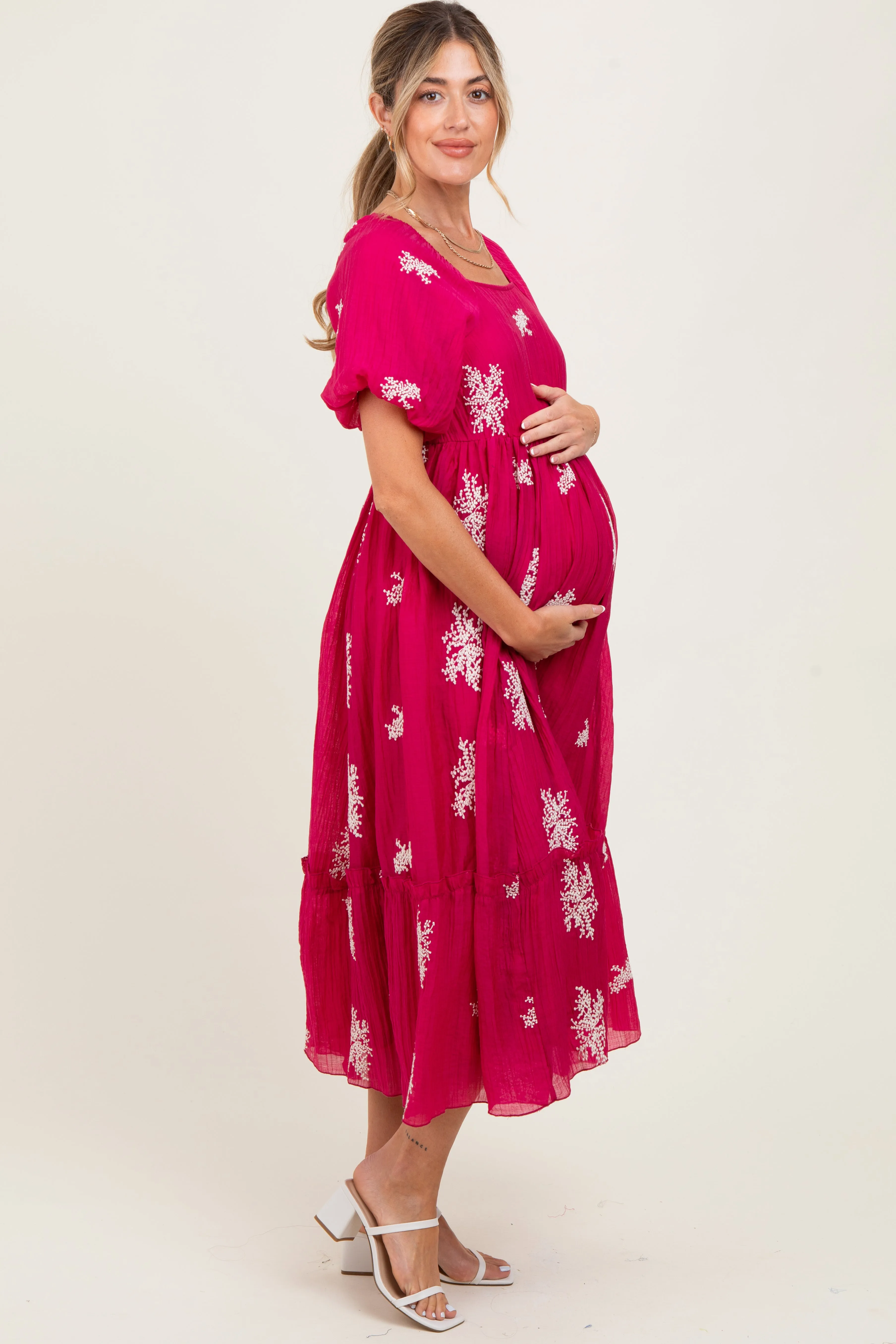 Magenta Floral Print Ruffle Hem Maternity Midi Dress sold by Pinkblush product image thumbnail 3