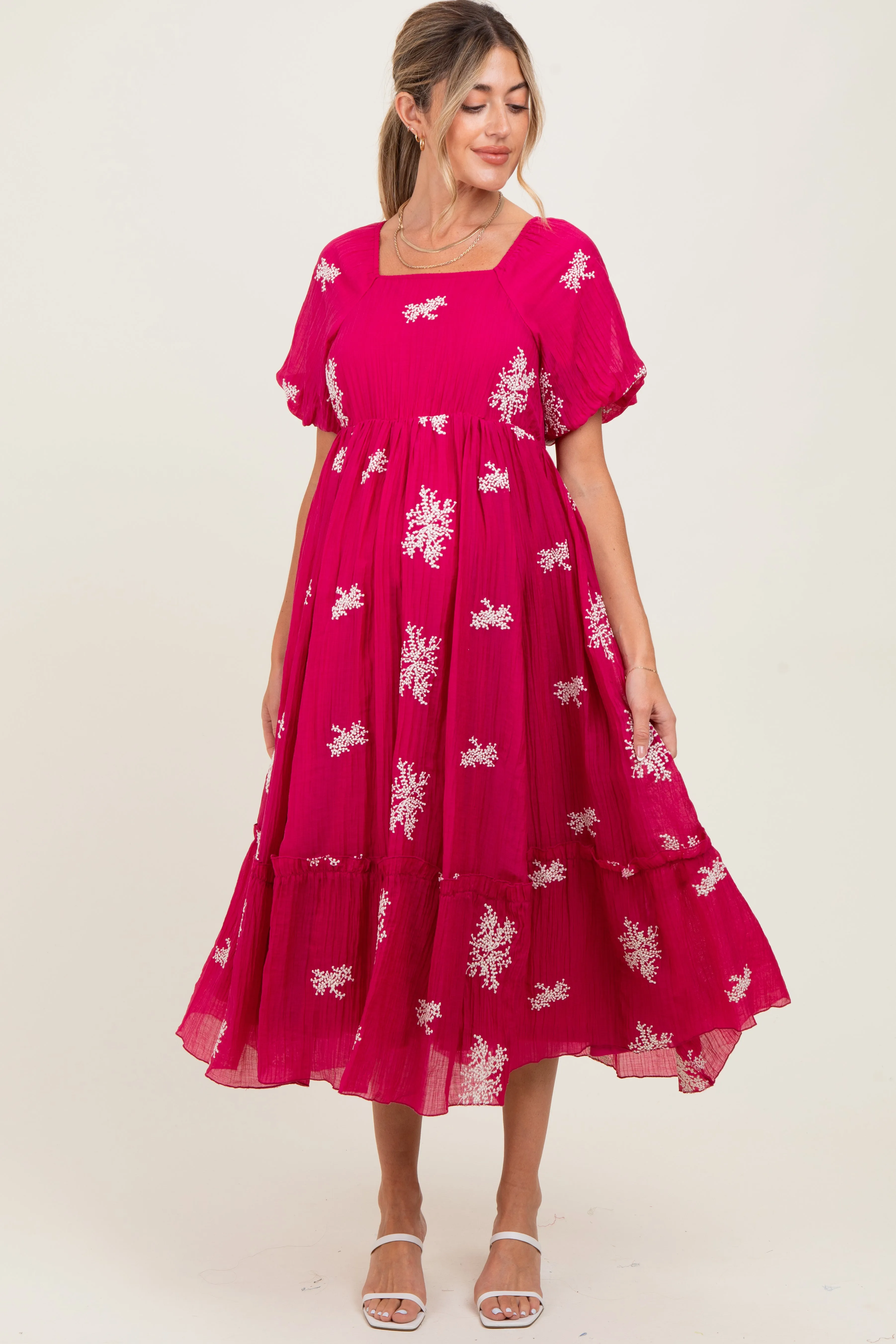 Magenta Floral Print Ruffle Hem Maternity Midi Dress sold by Pinkblush