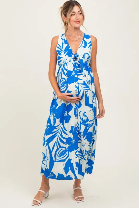 Blue Tropical Print Front Tie Sleeveless Button Up Maternity Dress sold by Pinkblush