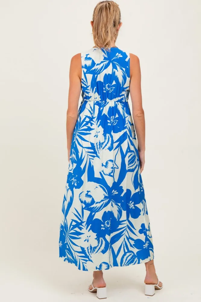 Blue Tropical Print Front Tie Sleeveless Button Up Maternity Dress sold by Pinkblush product image thumbnail 2