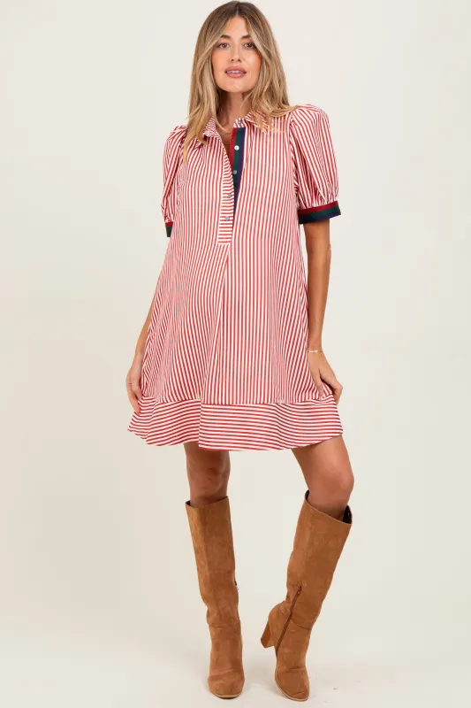 Rust Striped Puff Sleeve Maternity Mini Shirt Dress sold by Pinkblush