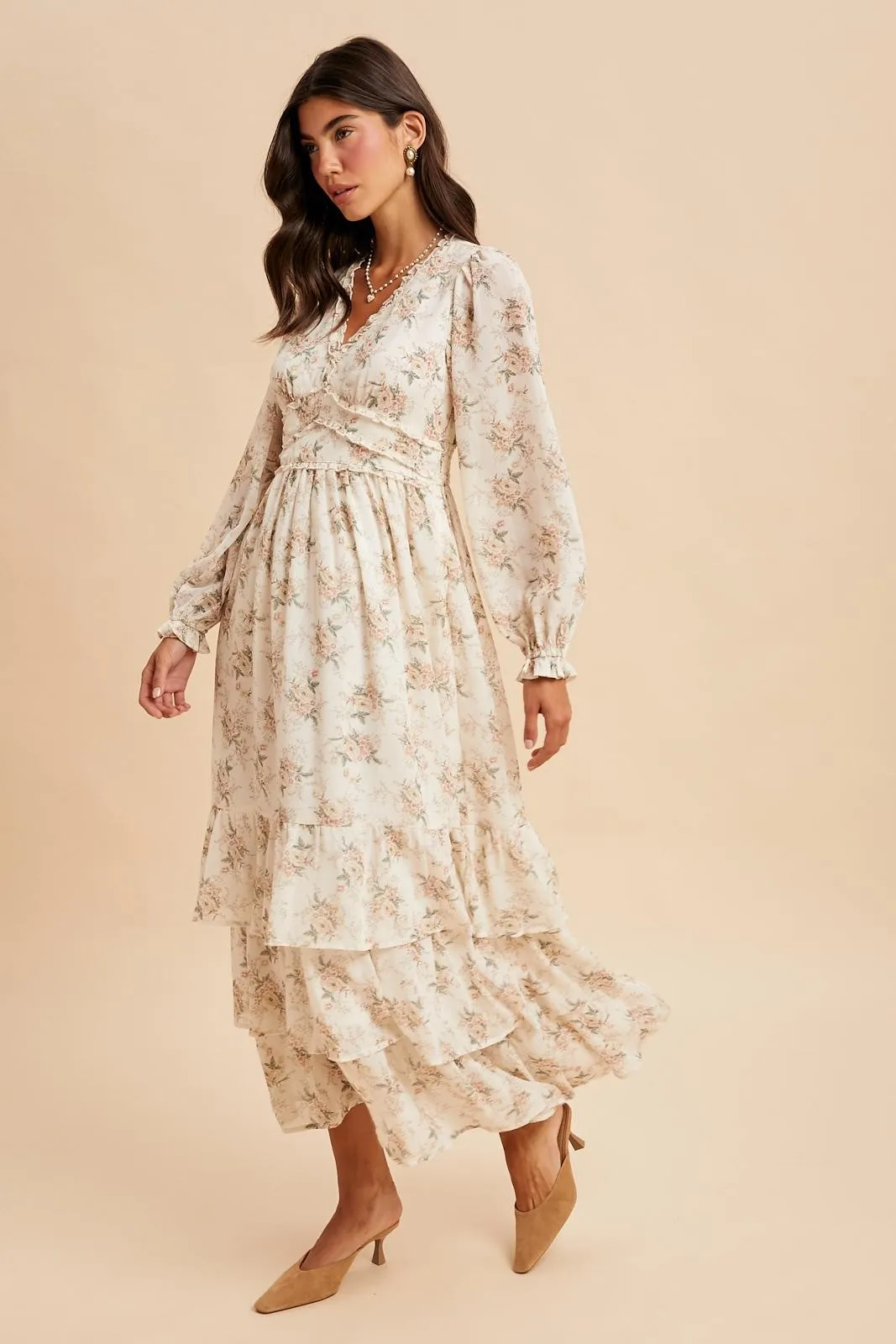 Cream Vintage Floral Ruffle Tiered Hem Maxi Dress sold by Pinkblush product image thumbnail 3