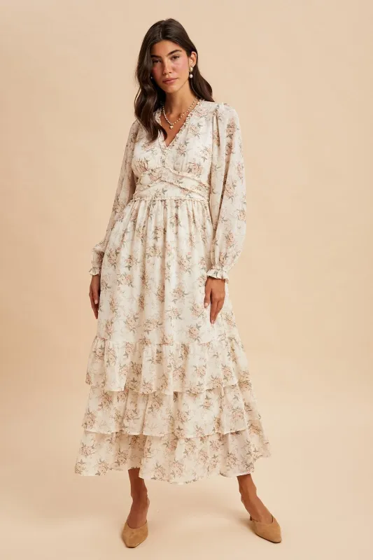 Cream Vintage Floral Ruffle Tiered Hem Maxi Dress sold by Pinkblush