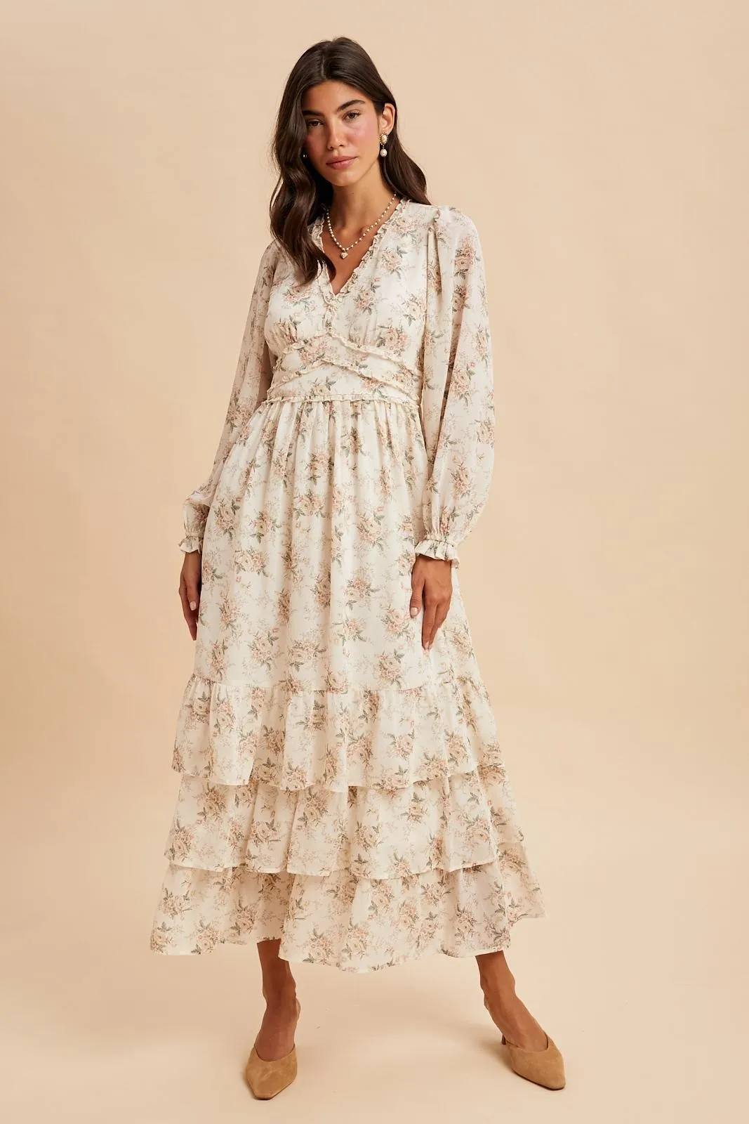Cream Vintage Floral Ruffle Tiered Hem Maxi Dress sold by Pinkblush