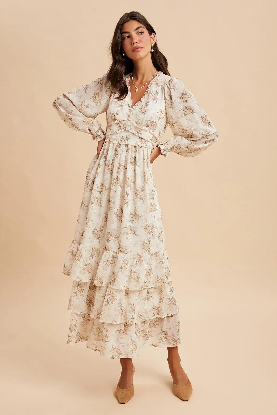 Cream Vintage Floral Ruffle Tiered Hem Maxi Dress sold by Pinkblush product image thumbnail 2
