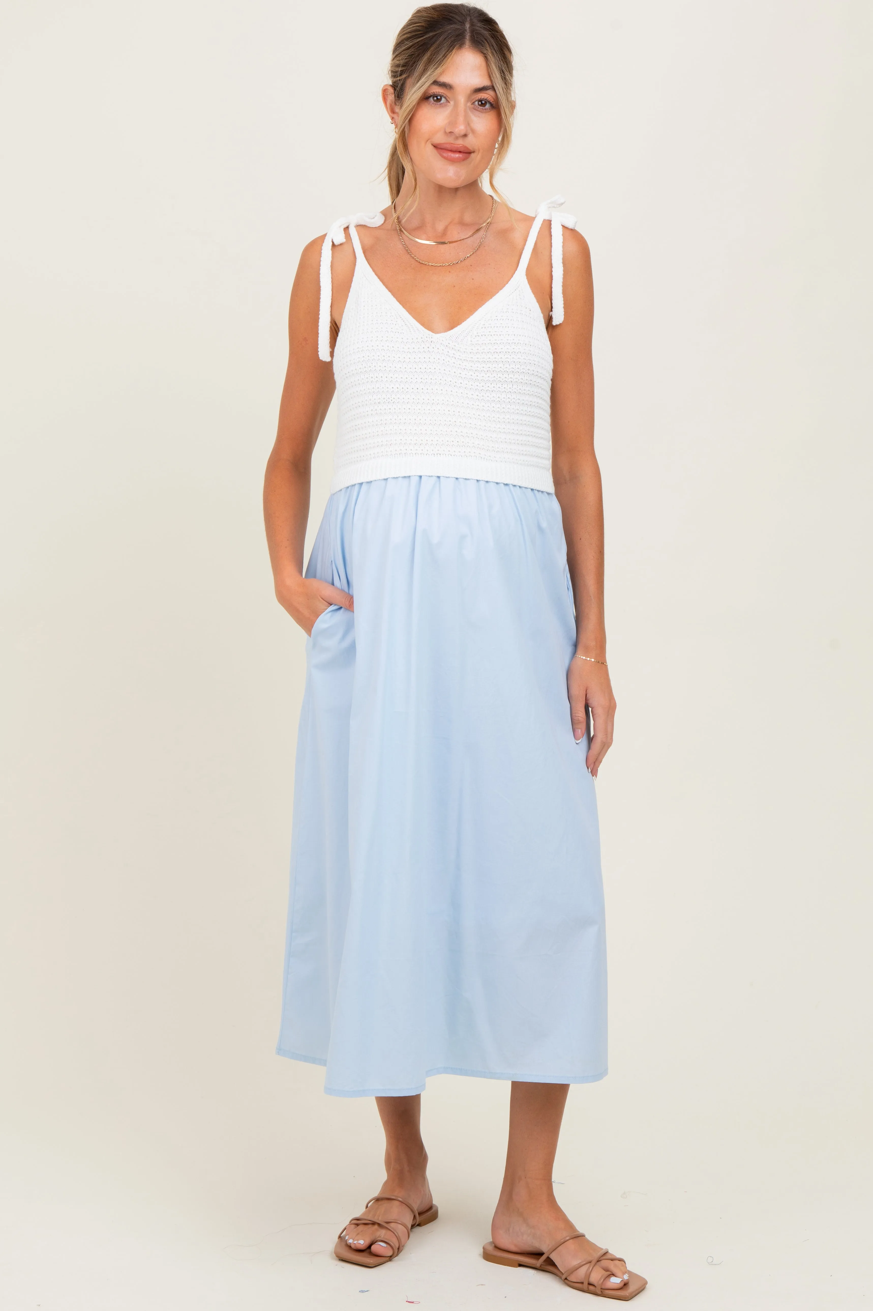 Light Blue Contrast Knit Bodice Maternity Midi Dress sold by Pinkblush