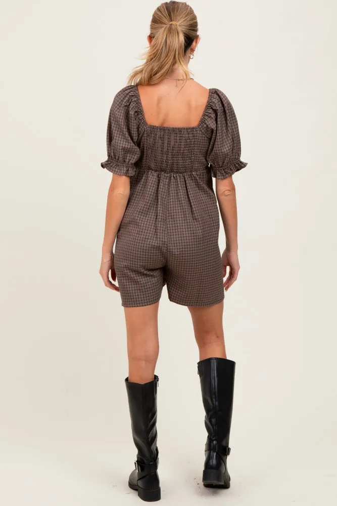 Mocha Plaid Square Neck Puff Sleeve Maternity Romper sold by Pinkblush product image thumbnail 3