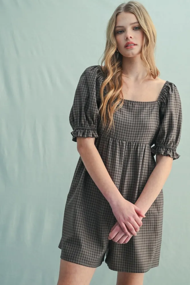 Mocha Plaid Square Neck Puff Sleeve Maternity Romper sold by Pinkblush product image thumbnail 4