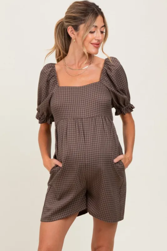Mocha Plaid Square Neck Puff Sleeve Maternity Romper sold by Pinkblush