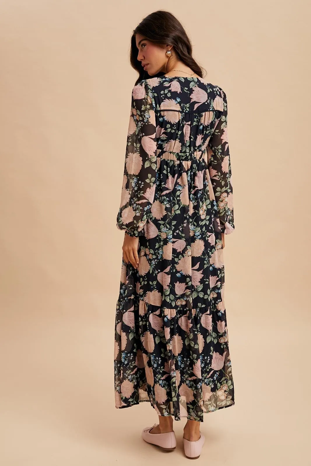 Navy Floral Chiffon Bow Tie Front Maxi Dress sold by Pinkblush product image thumbnail 4