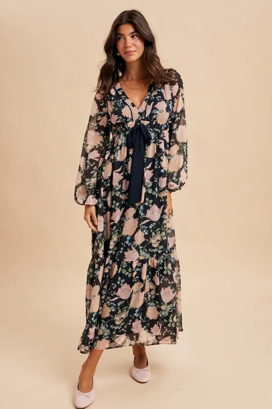 Navy Floral Chiffon Bow Tie Front Maxi Dress sold by Pinkblush