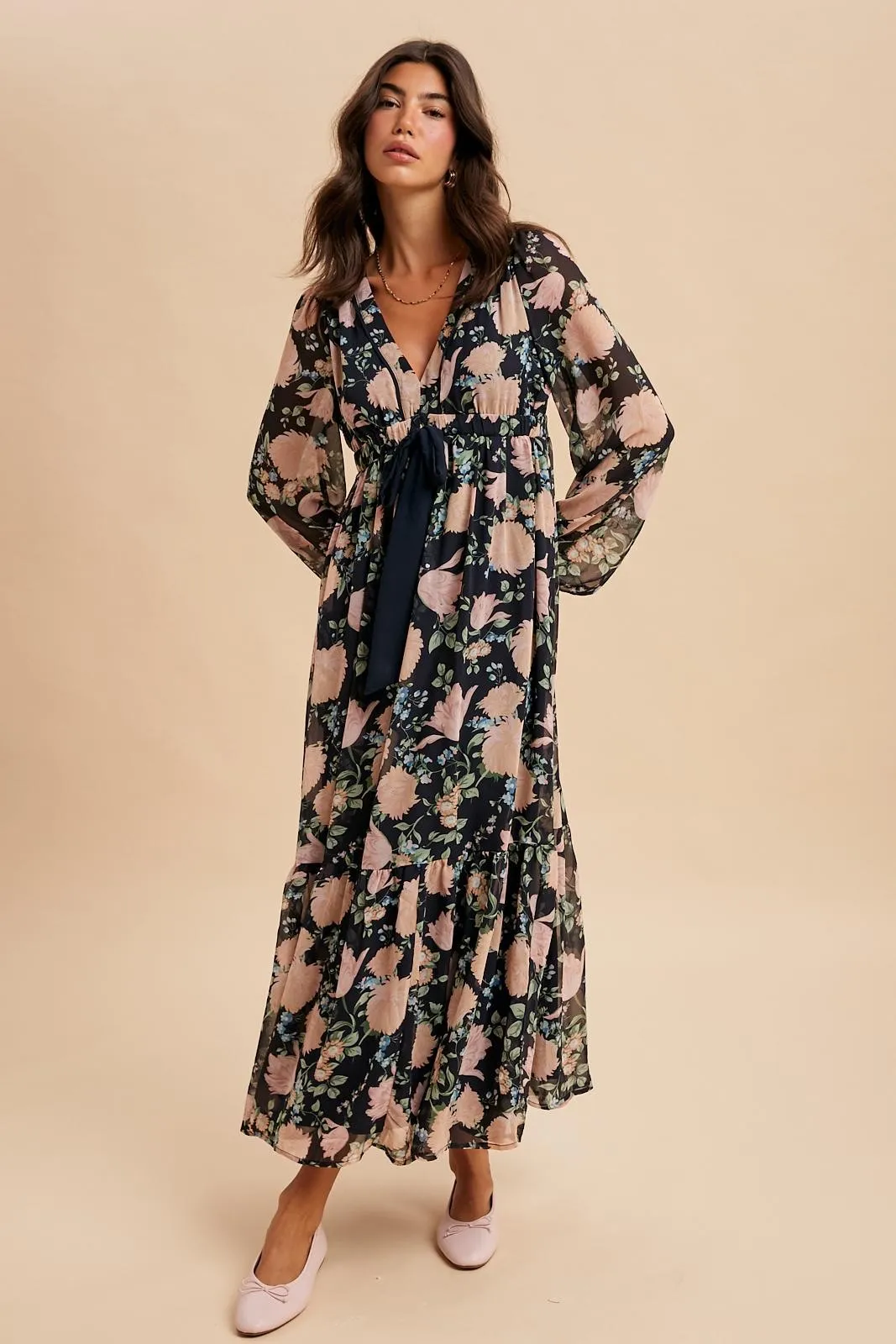 Navy Floral Chiffon Bow Tie Front Maxi Dress sold by Pinkblush product image thumbnail 2