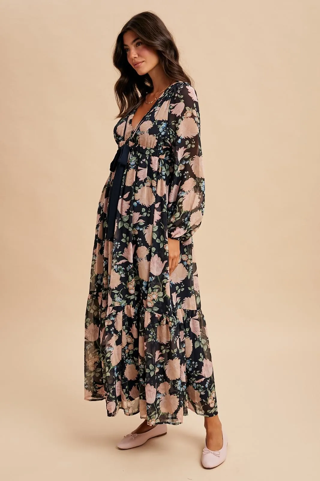 Navy Floral Chiffon Bow Tie Front Maxi Dress sold by Pinkblush product image thumbnail 3