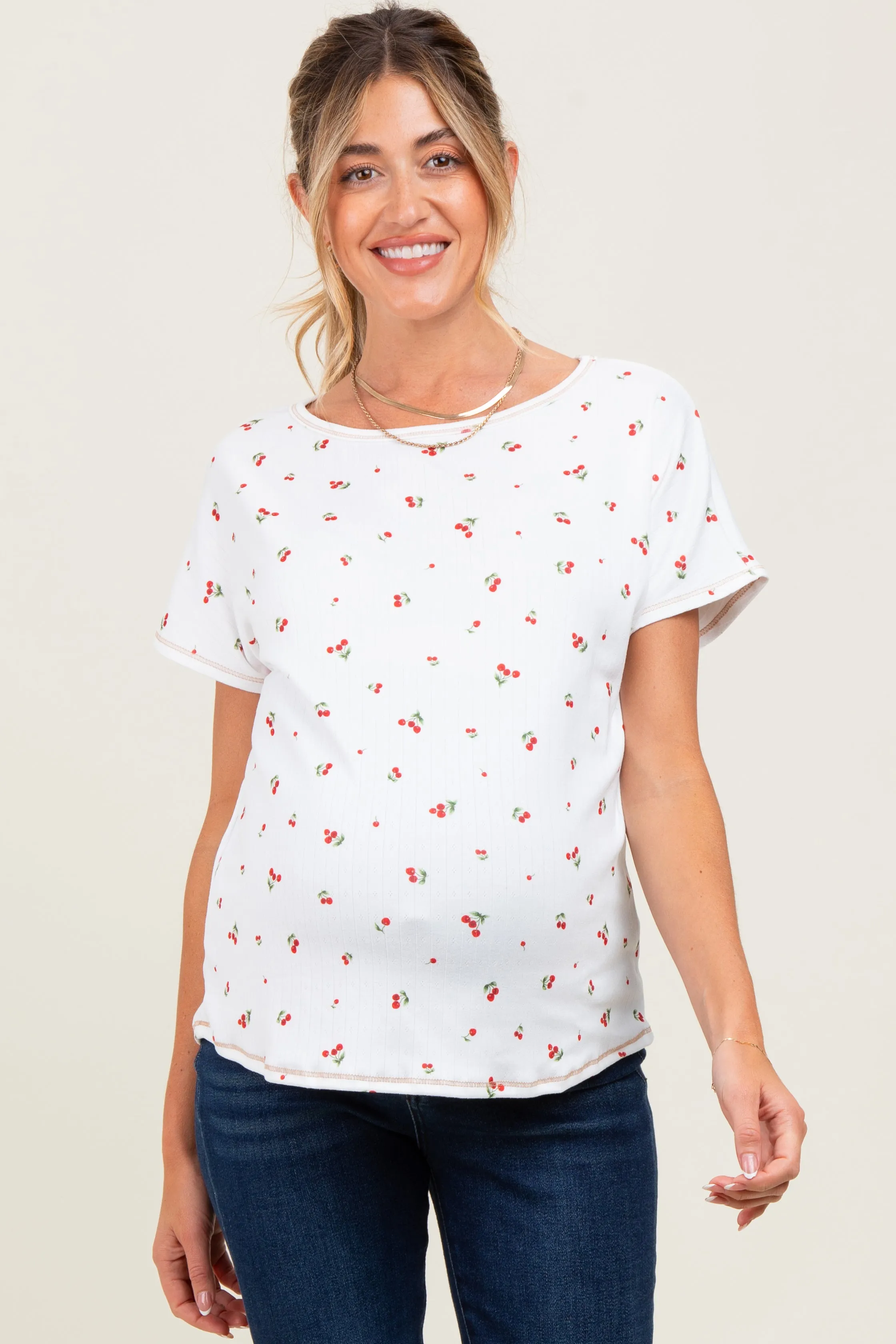 Ivory Cherry Print Ribbed Maternity Short Sleeve Tee sold by Pinkblush product image thumbnail 2