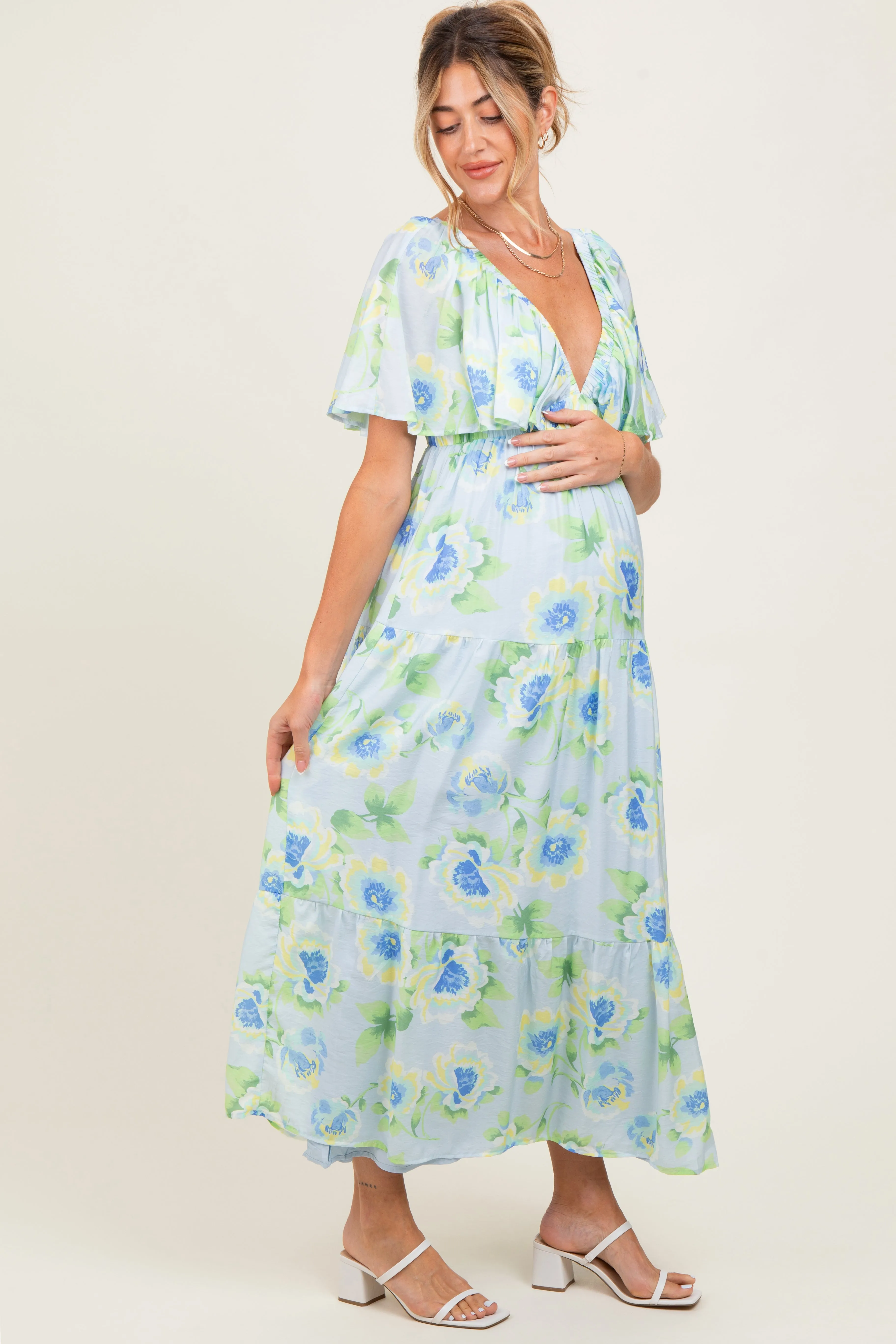 Sky Blue Floral Print Maternity Maxi Dress sold by Pinkblush product image thumbnail 3