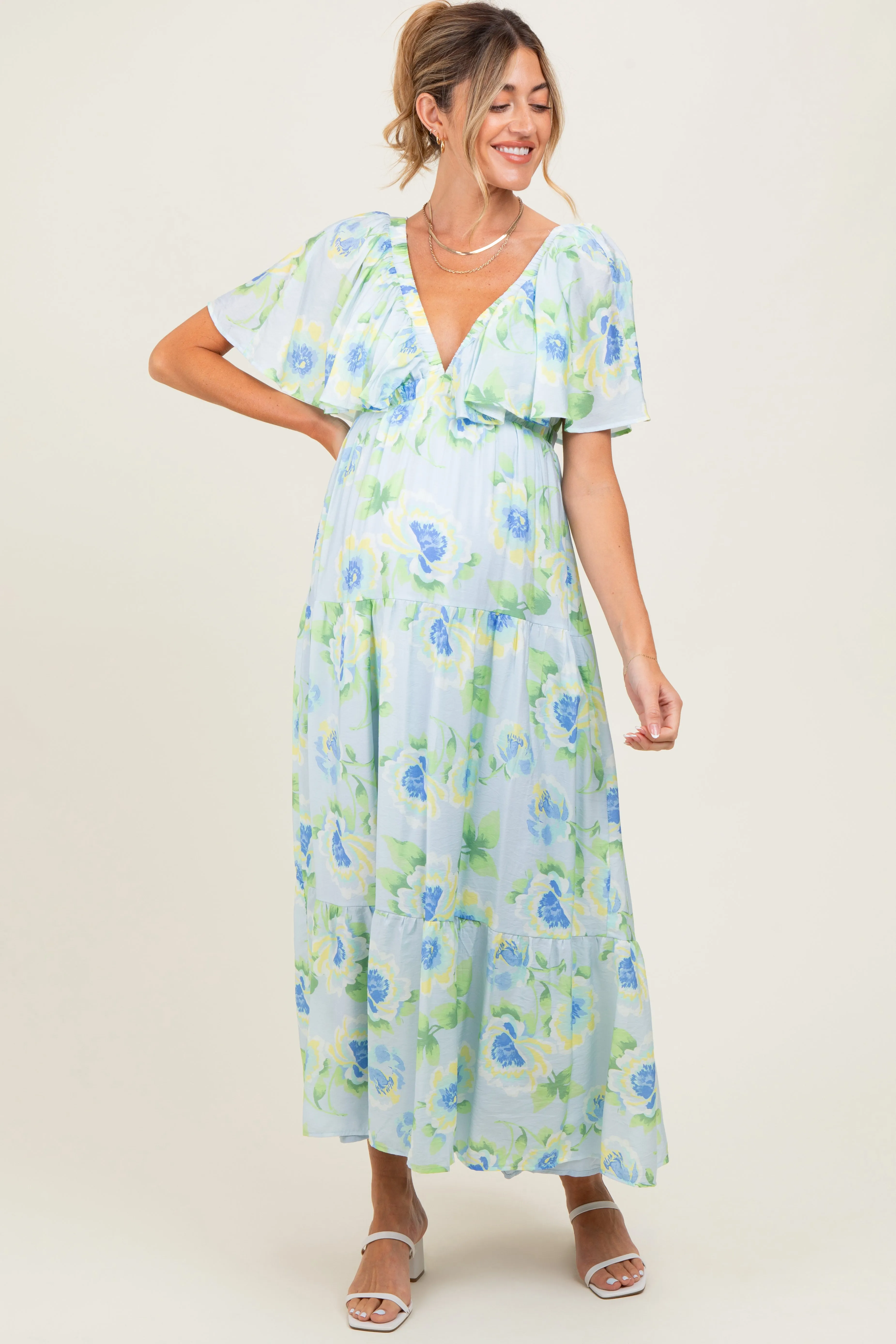 Sky Blue Floral Print Maternity Maxi Dress sold by Pinkblush
