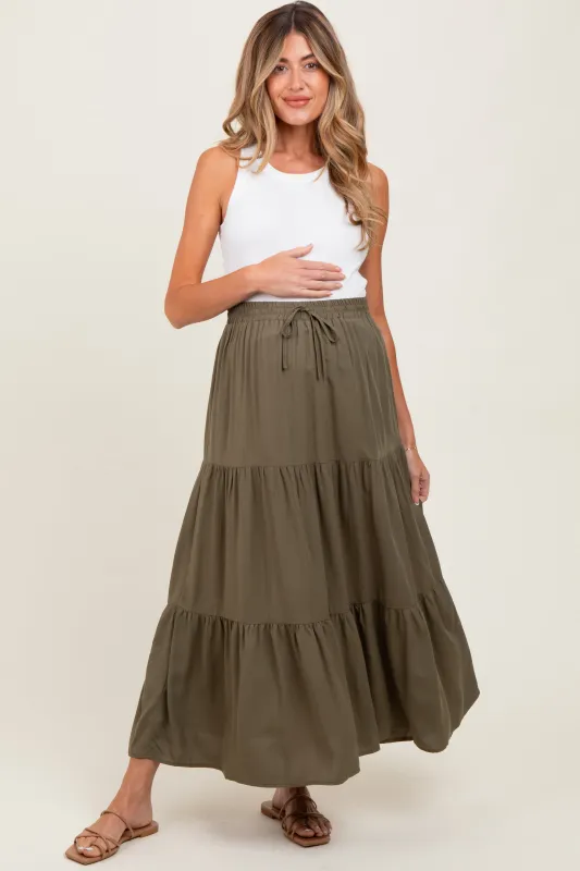 Olive Drawstring Tiered Maternity Maxi Skirt sold by Pinkblush