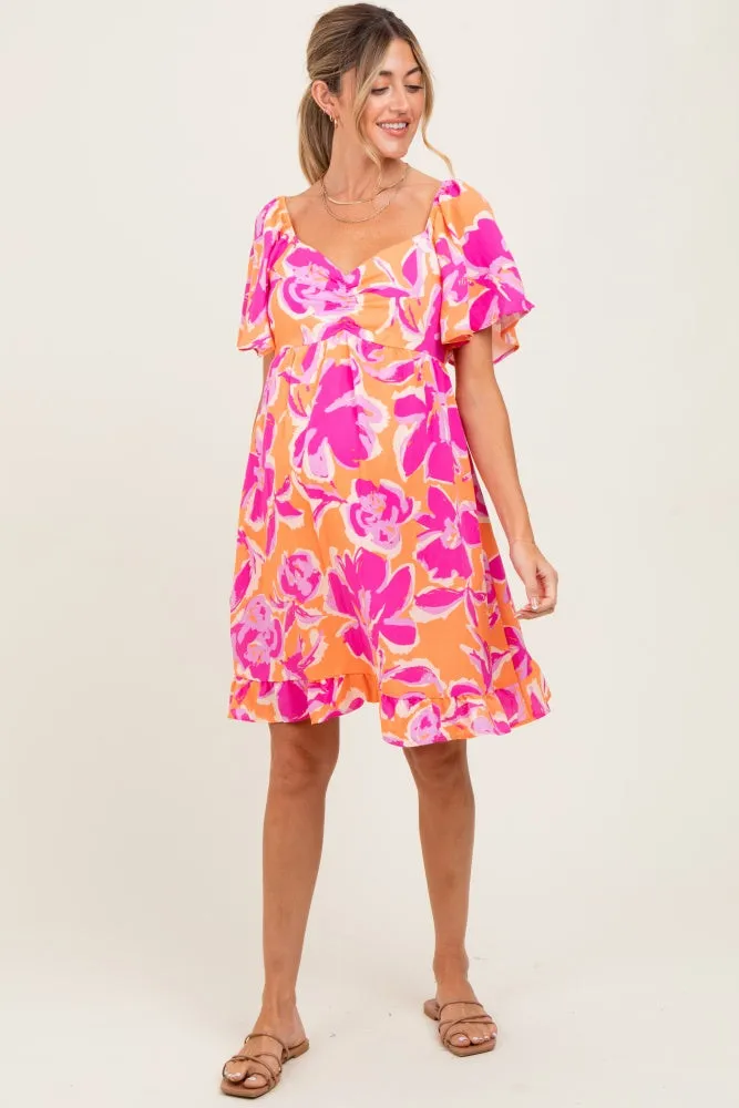 Orange Abstract Floral Cinch Bust Maternity Dress sold by Pinkblush