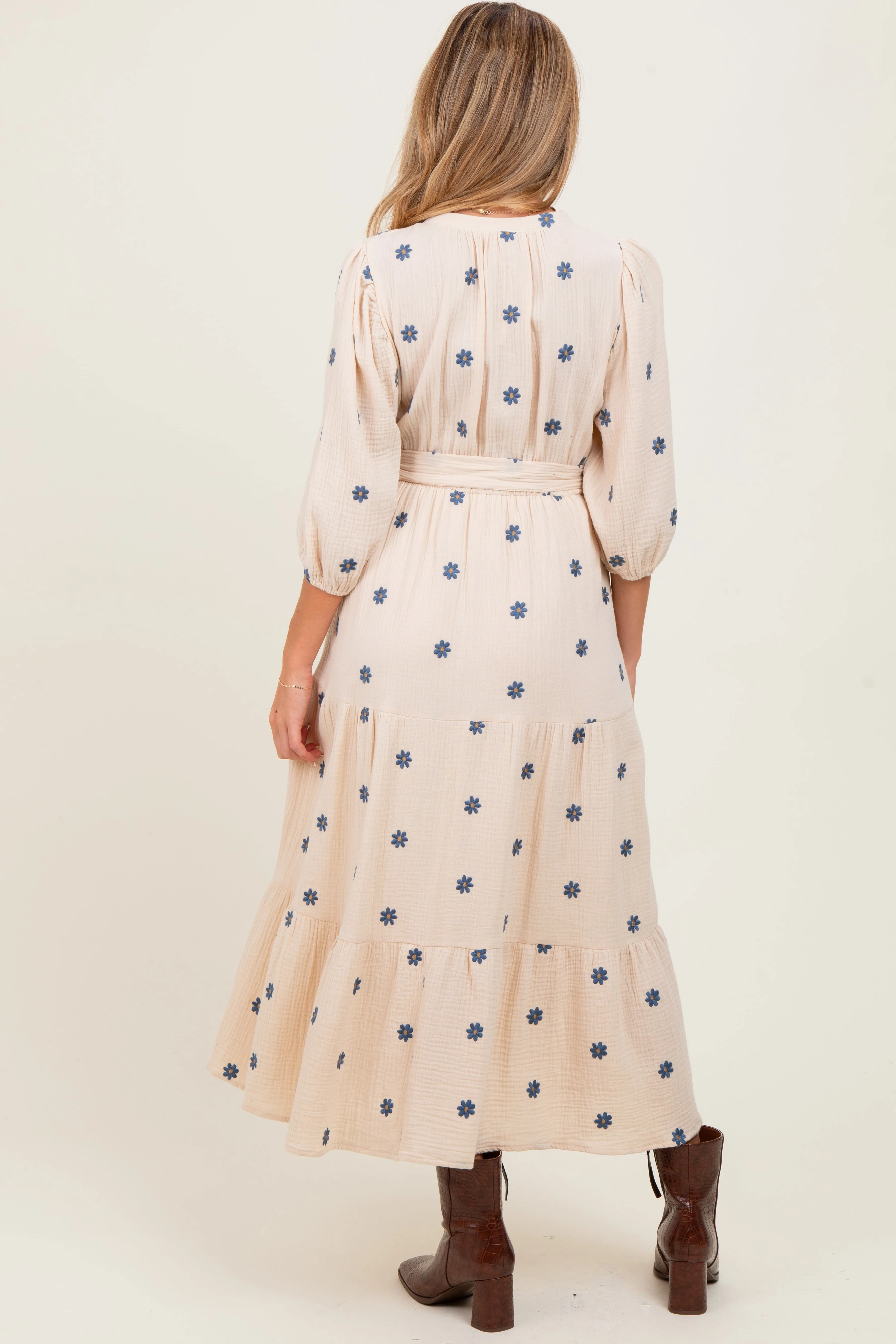 Cream Floral Cotton Gauze Tiered Maternity Midi Dress sold by Pinkblush product image thumbnail 4