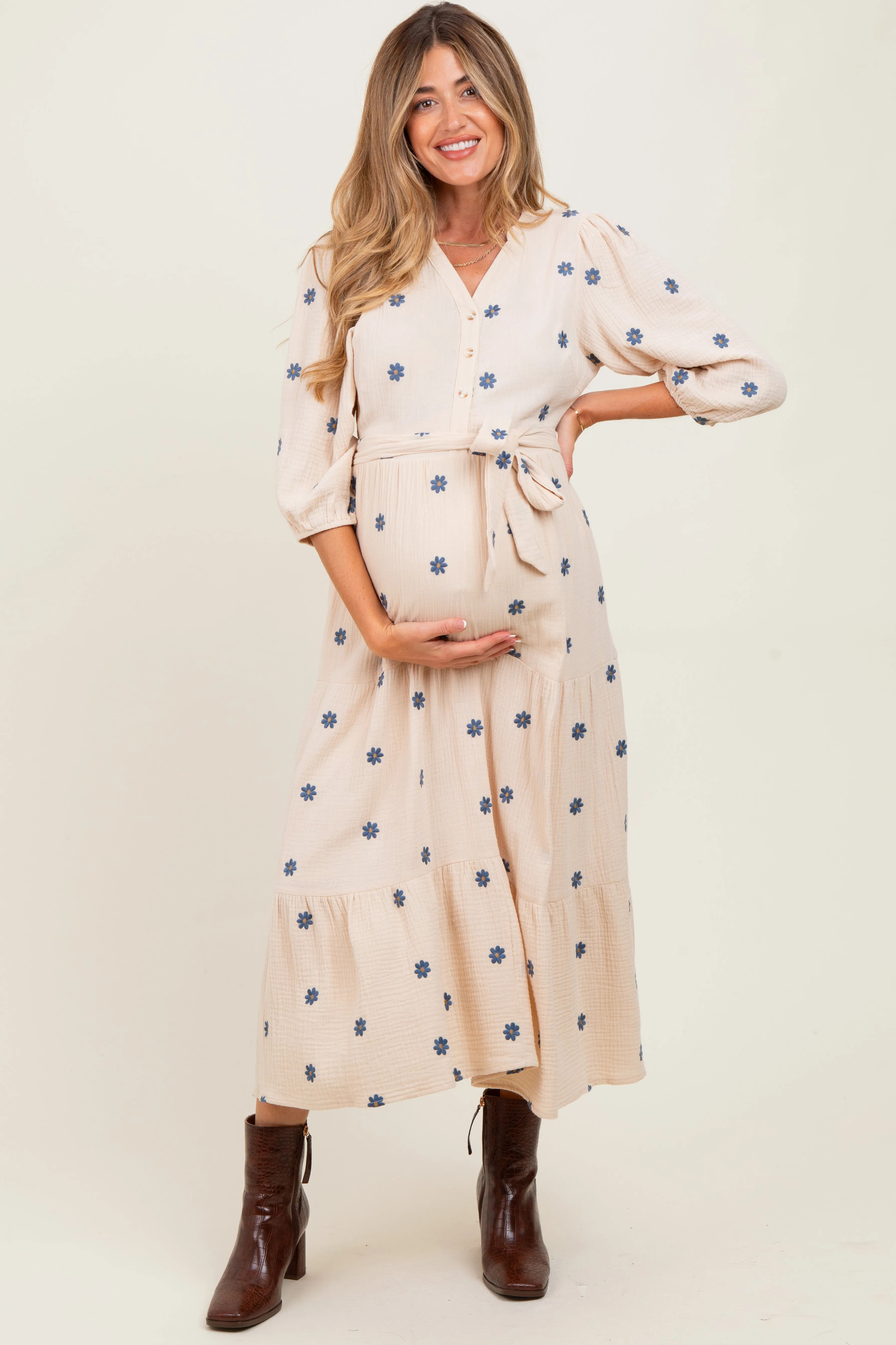 Cream Floral Cotton Gauze Tiered Maternity Midi Dress sold by Pinkblush